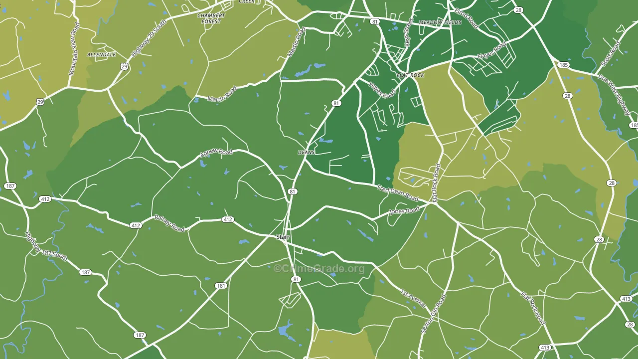 Starr, SC Map of Vehicle Theft Rates