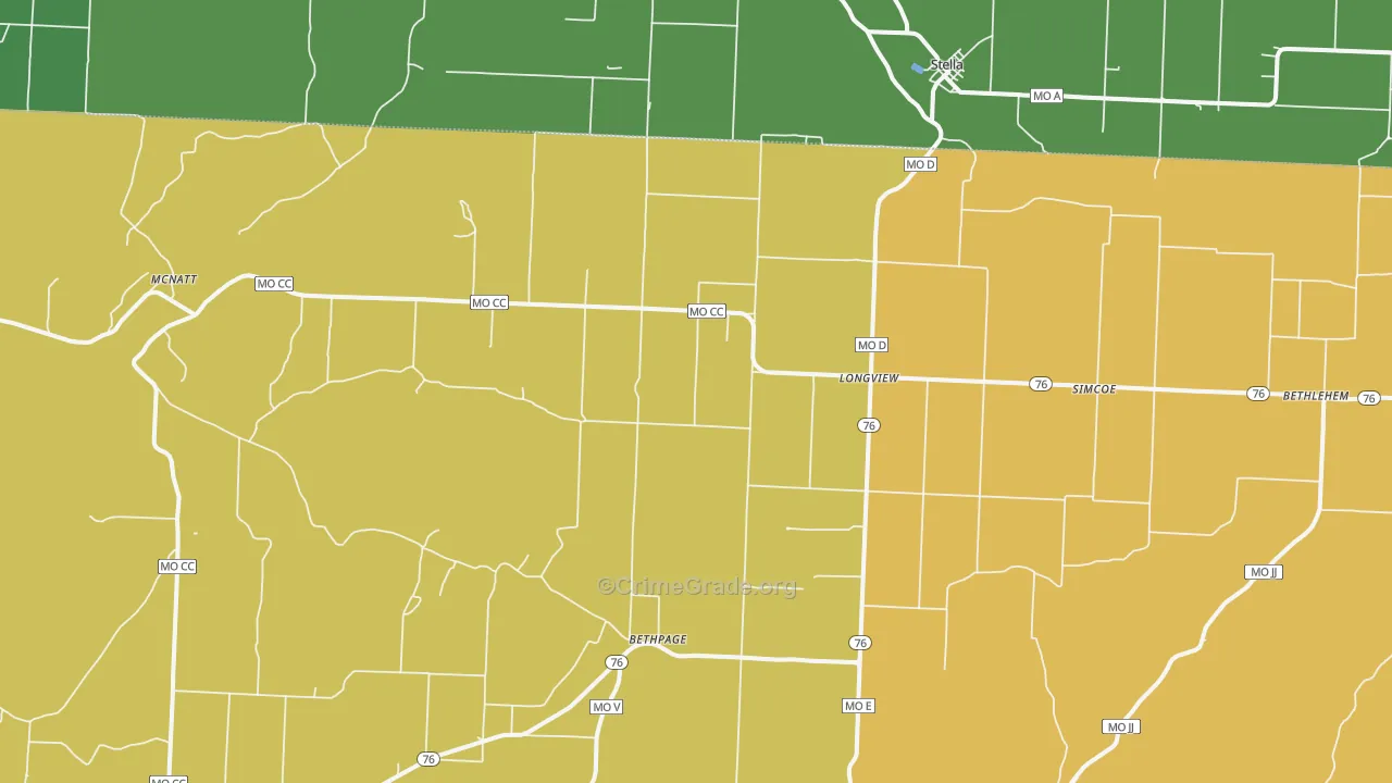 Stella, MO Map of Vehicle Theft Rates