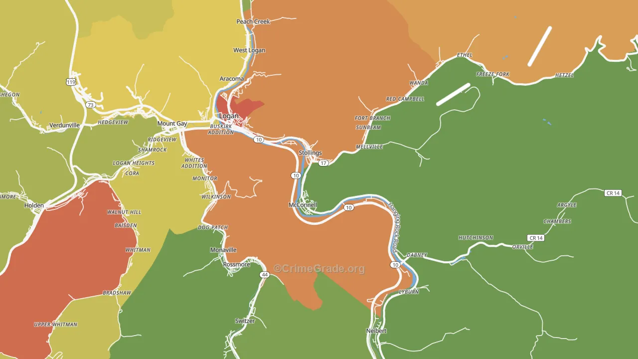 Stollings, WV Map of Vehicle Theft Rates