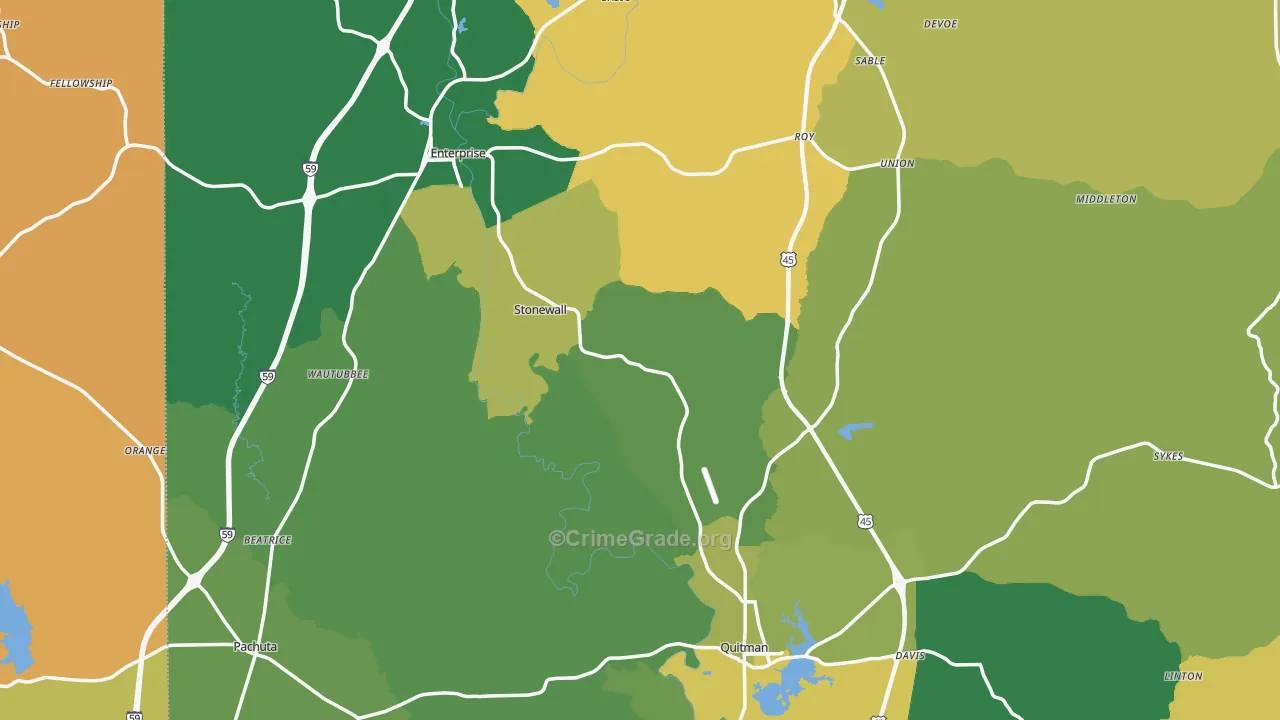 Stonewall, MS Map of Vehicle Theft Rates