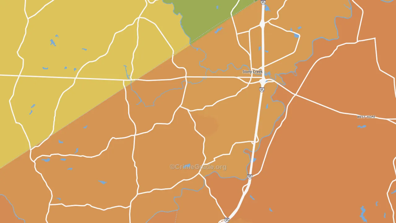 Stony Creek, VA Map of Vehicle Theft Rates