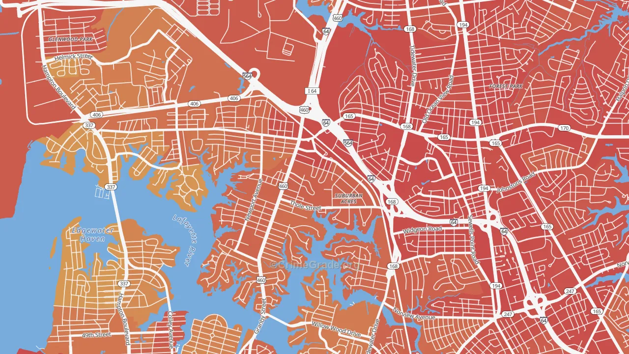 Suburban Acres, Norfolk, VA Map of Vehicle Theft Rates