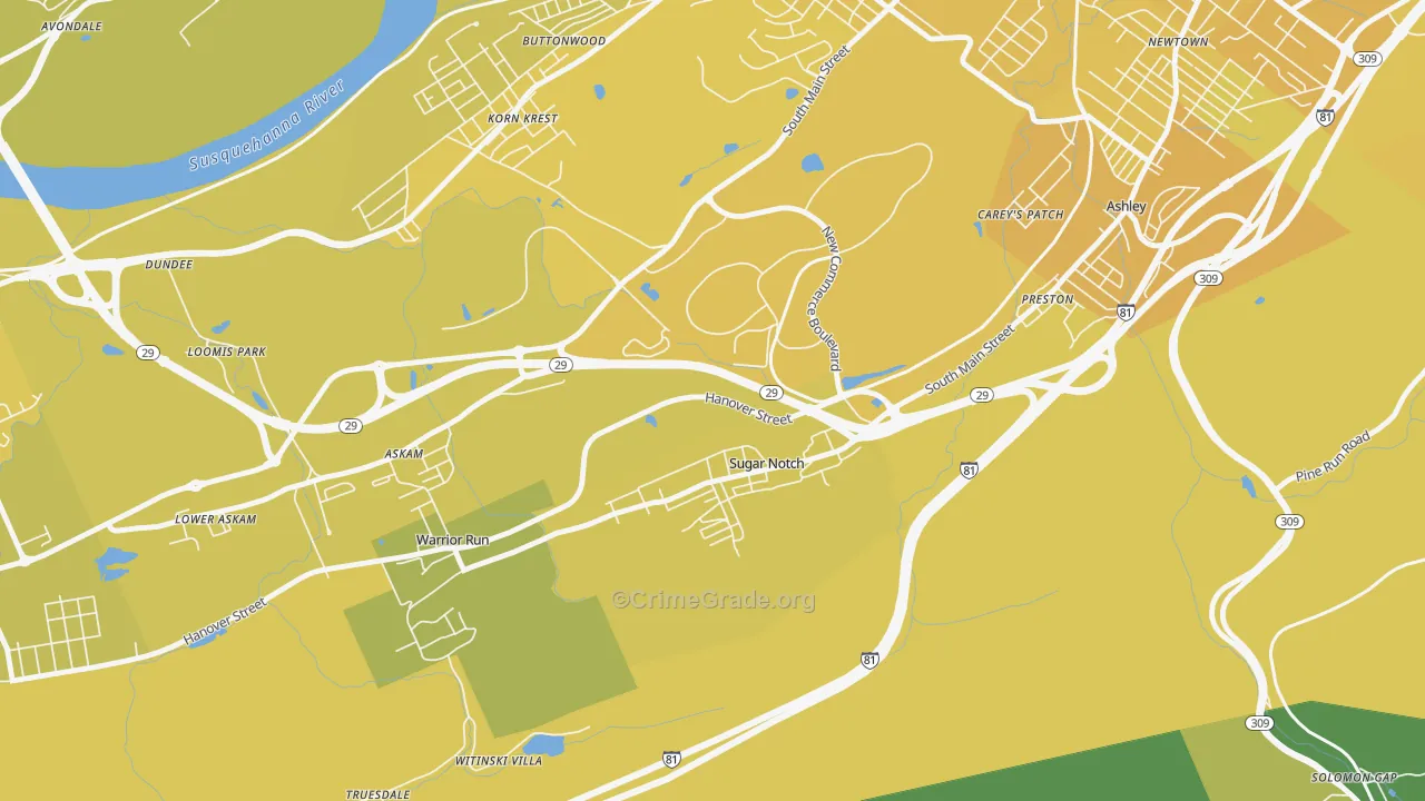 Sugar Notch, PA Map of Vehicle Theft Rates