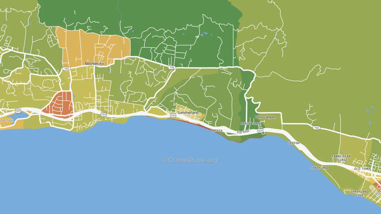 Summerland, CA Map of Vehicle Theft Rates