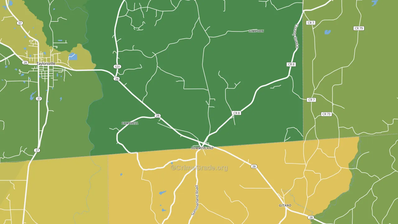 Summerland, MS Map of Vehicle Theft Rates