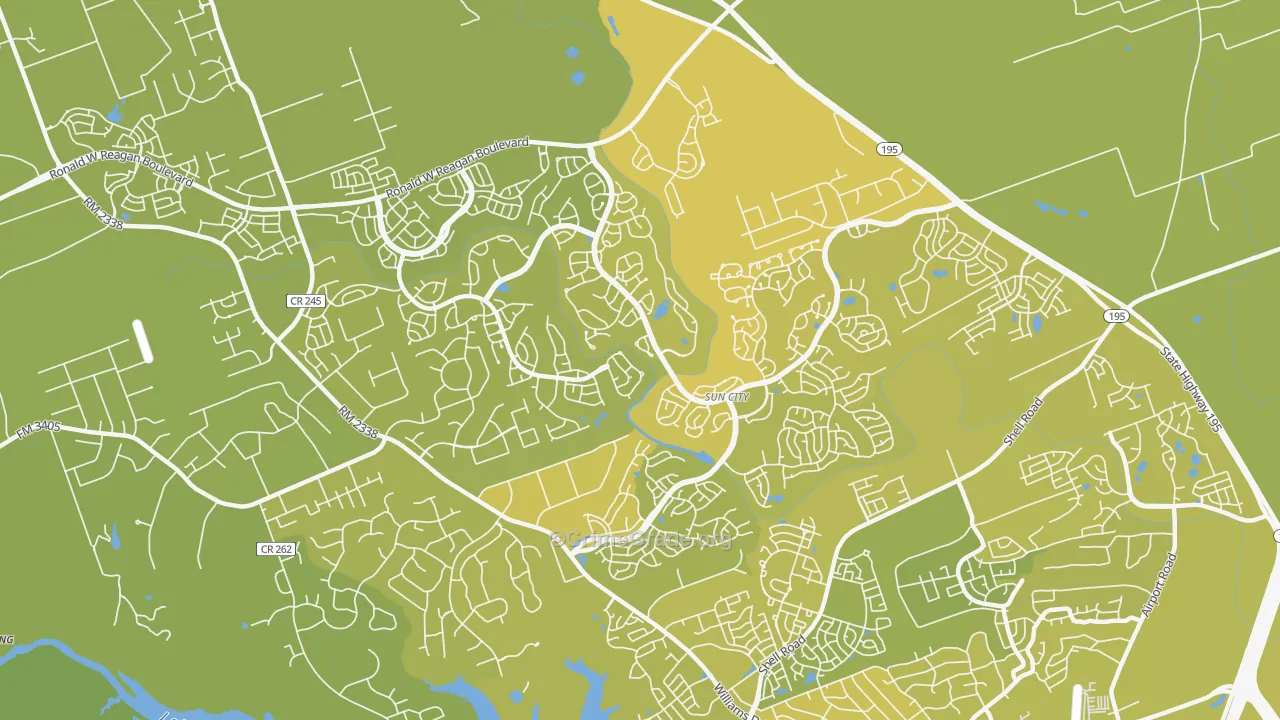 Sun City, Georgetown, TX Map of Vehicle Theft Rates