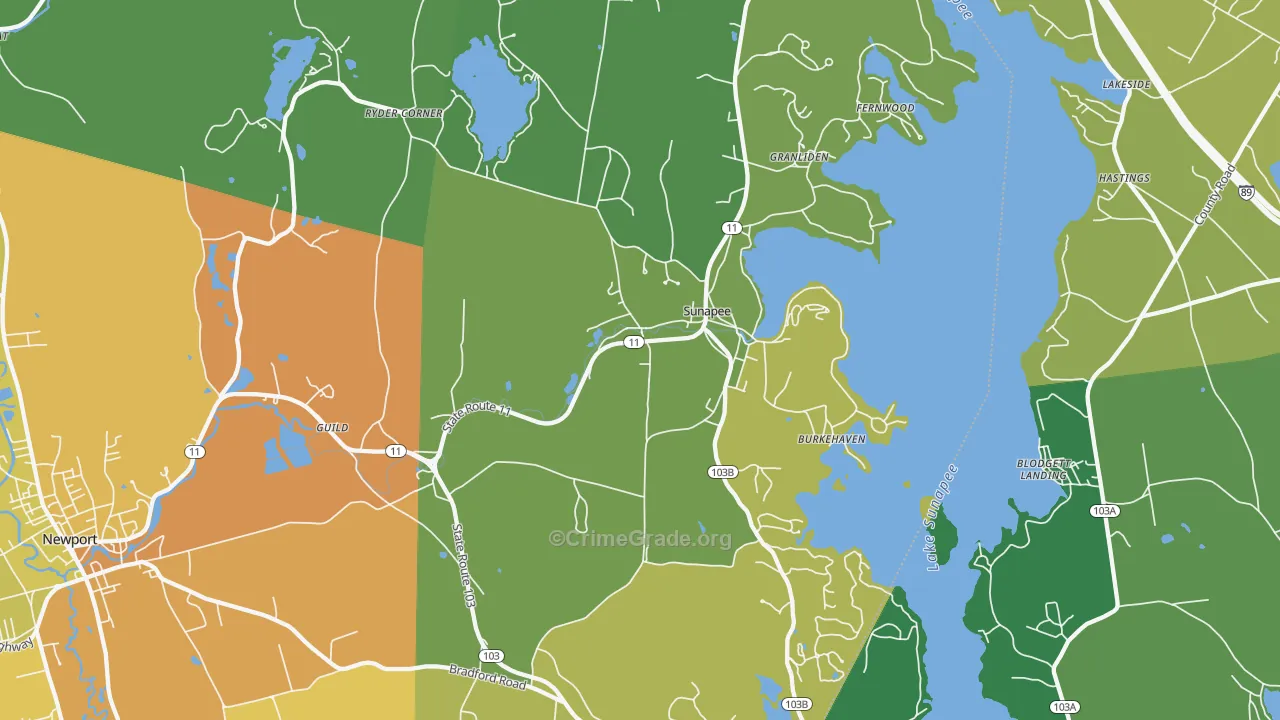 Sunapee, NH Map of Vehicle Theft Rates