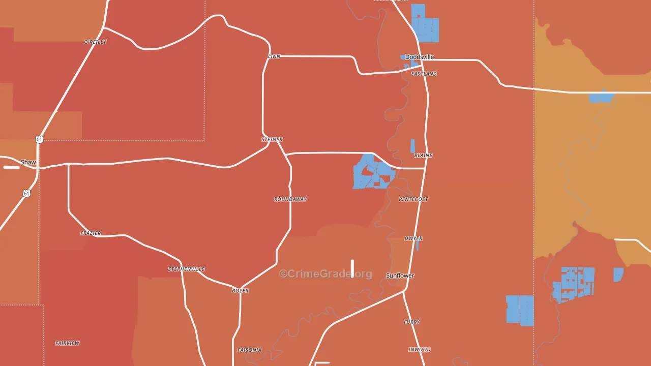 Sunflower County, MS Map of Vehicle Theft Rates