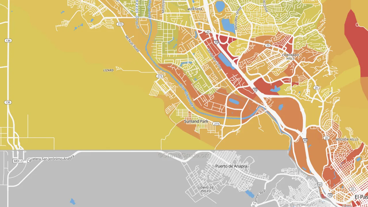Sunland Park, NM Map of Vehicle Theft Rates