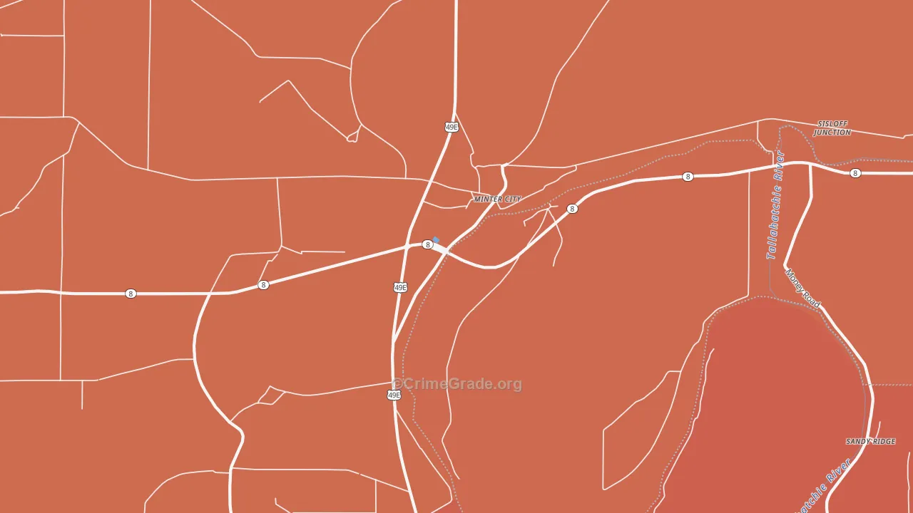 Sunnyside, MS Map of Vehicle Theft Rates