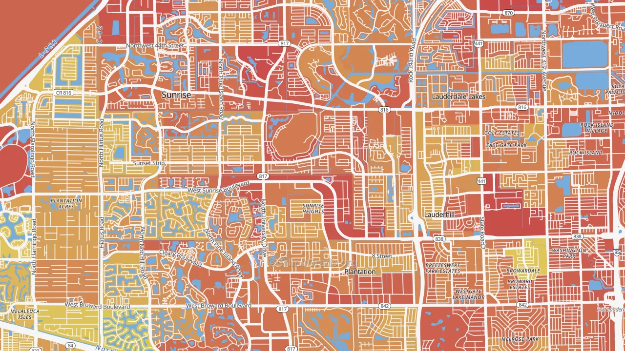 Sunrise Golf Village East, Sunrise, FL Map of Vehicle Theft Rates