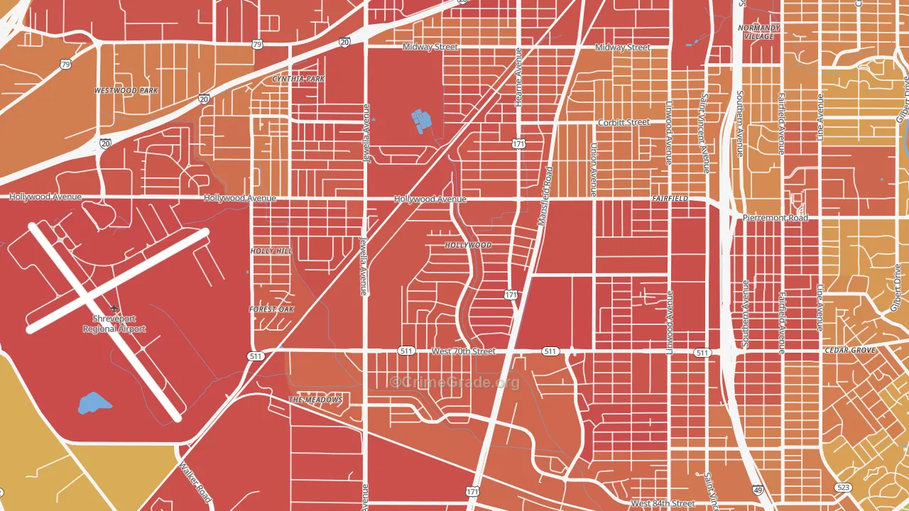 Sunset Arcre-Garden Valley-Morningside, Shreveport, LA Map of Vehicle Theft Rates