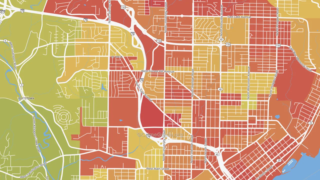 Sunset Hills, Peoria, IL Map of Vehicle Theft Rates