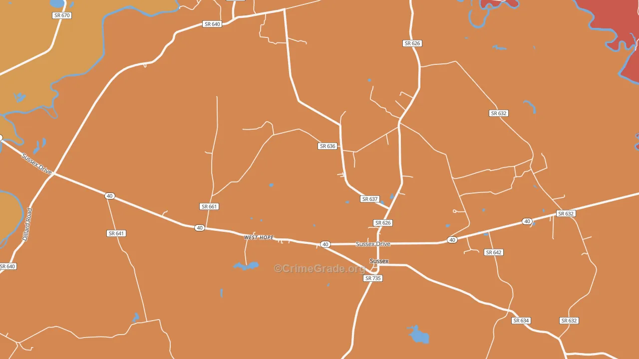Sussex, VA Map of Vehicle Theft Rates