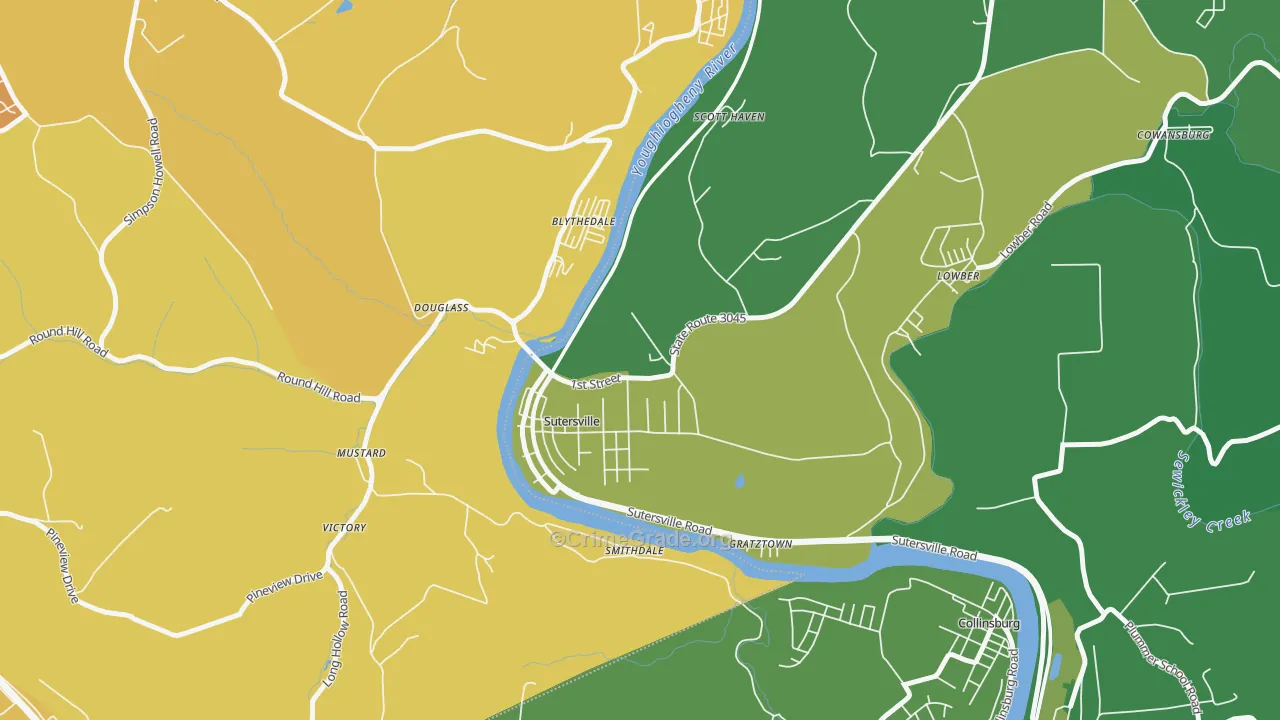 Sutersville, PA Map of Vehicle Theft Rates