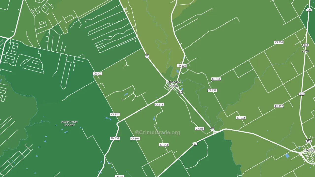 Sutherland Springs, TX Map of Vehicle Theft Rates