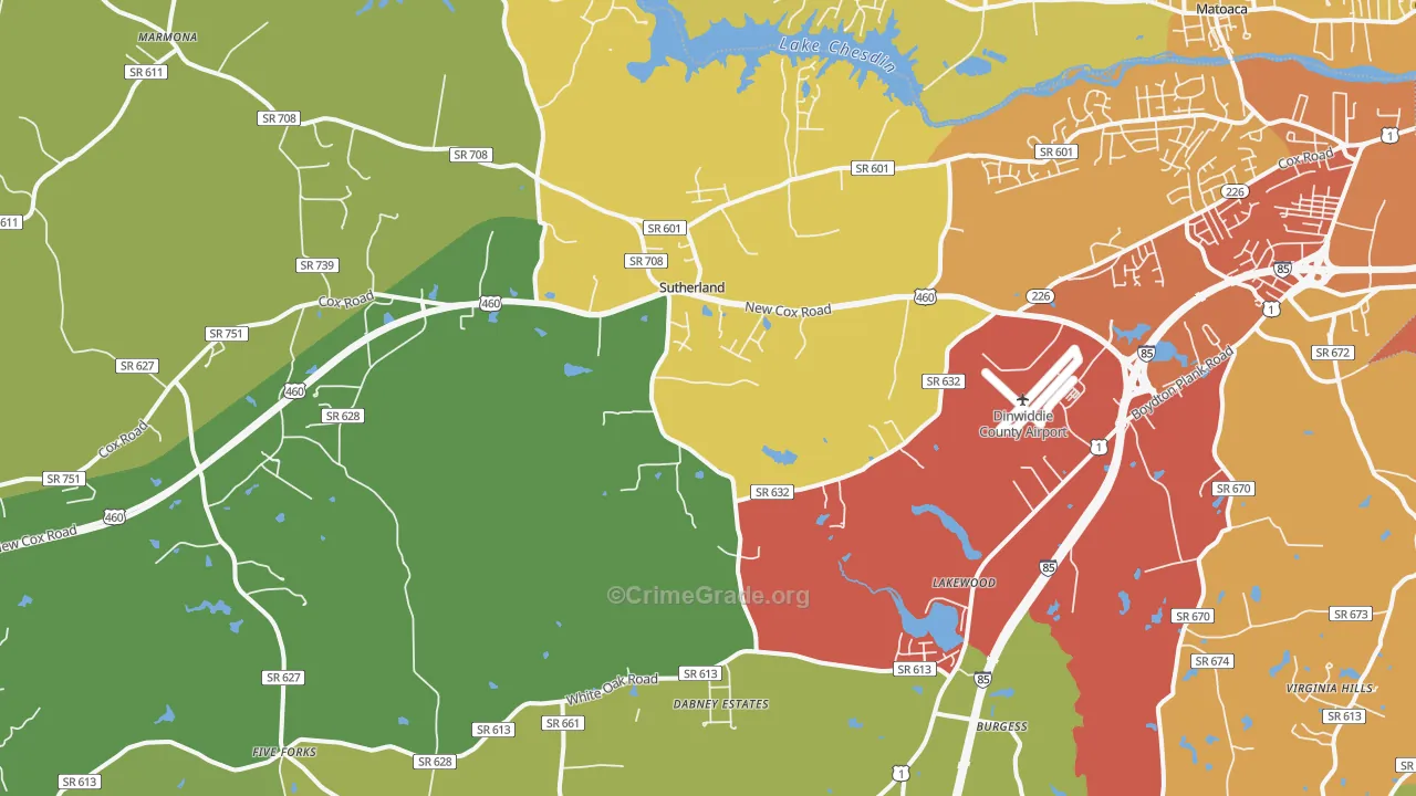 Sutherland, VA Map of Vehicle Theft Rates