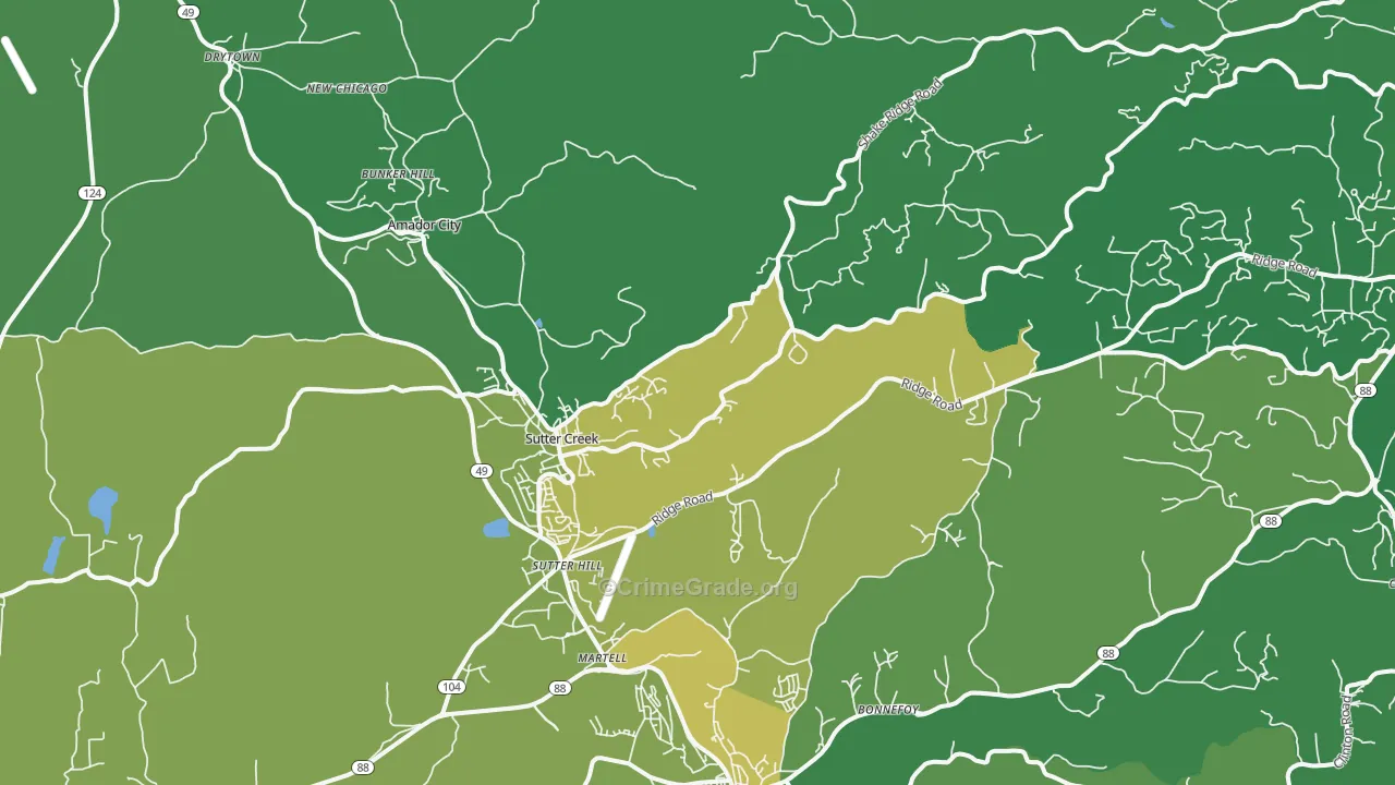 Sutter Creek, CA Map of Vehicle Theft Rates