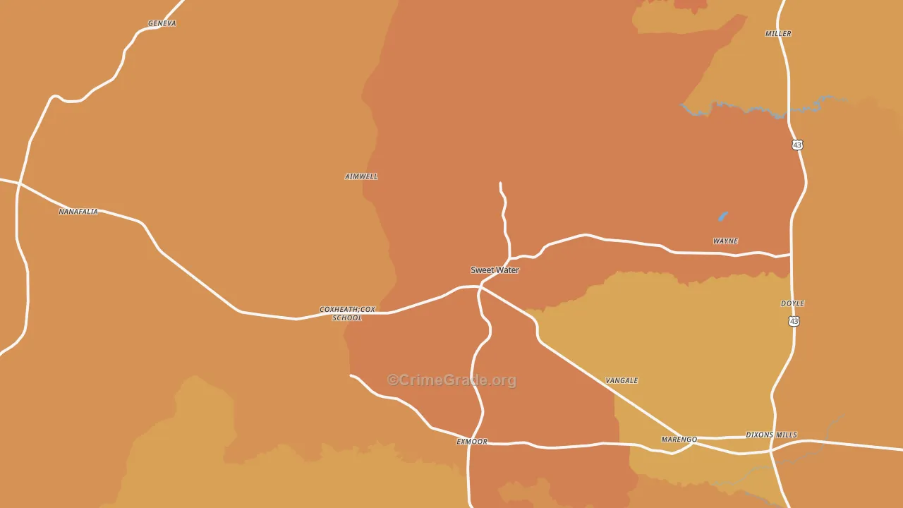 Sweet Water, AL Map of Vehicle Theft Rates