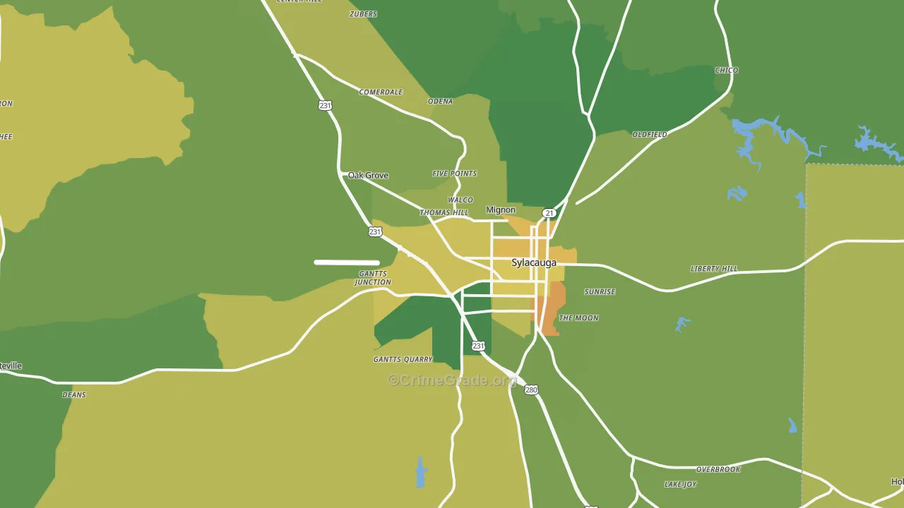 Sylacauga, AL Map of Vehicle Theft Rates