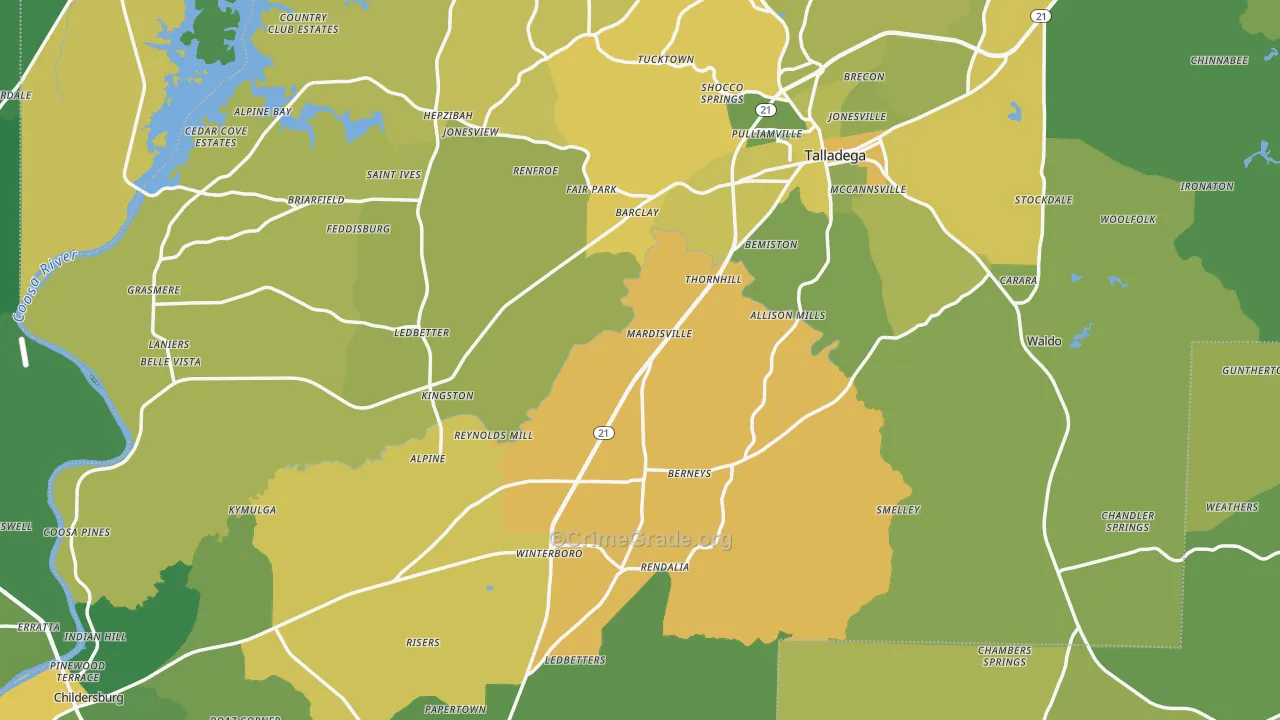 Talladega County, AL Map of Vehicle Theft Rates