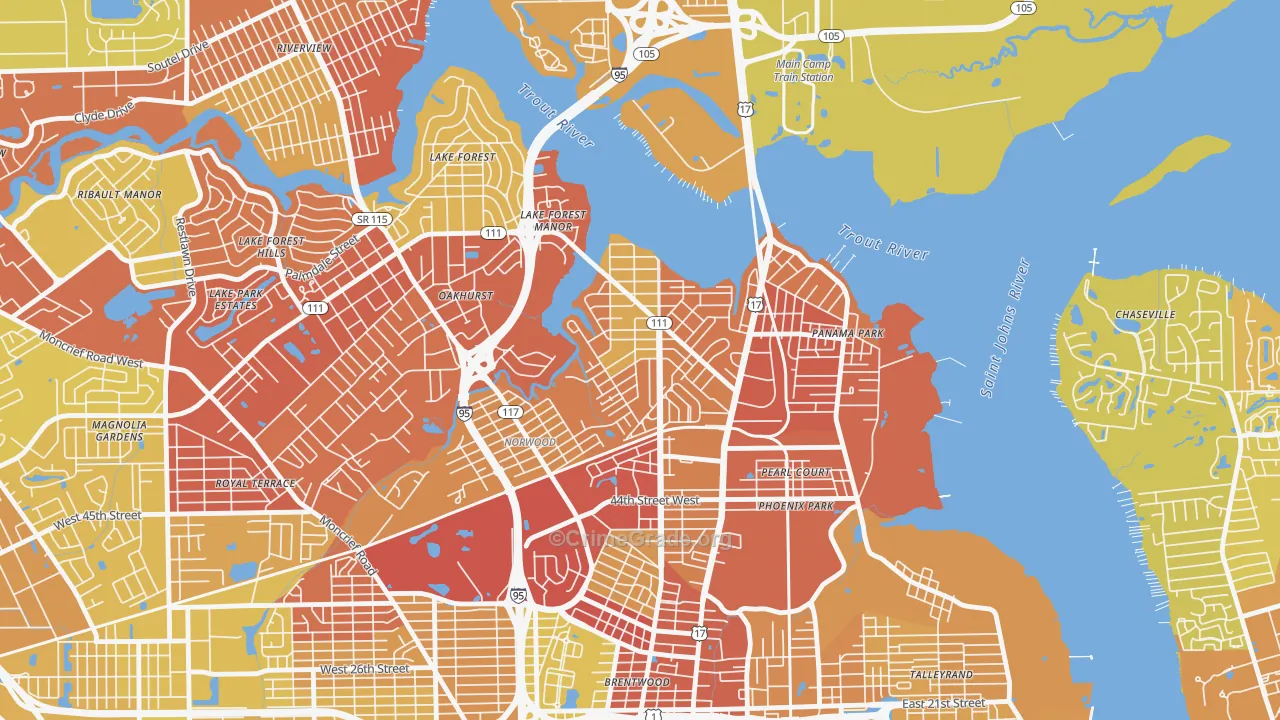 Tallulah-North Shore, Jacksonville, FL Map of Vehicle Theft Rates