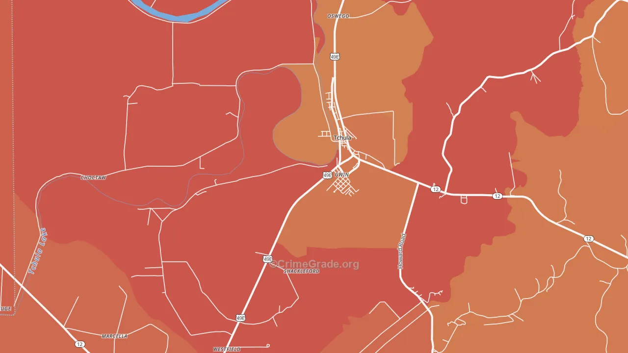 Tchula, MS Map of Vehicle Theft Rates