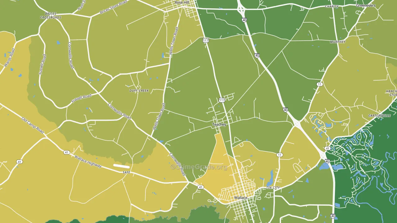 Teachey, NC Map of Vehicle Theft Rates