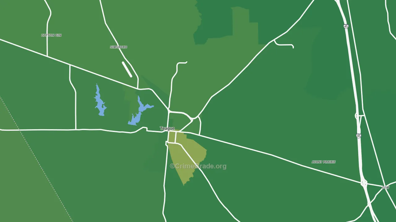 Teague, TX Map of Vehicle Theft Rates