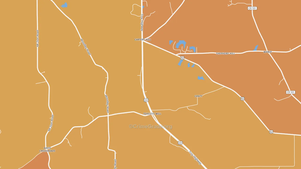 Teasleys Mill, AL Map of Vehicle Theft Rates