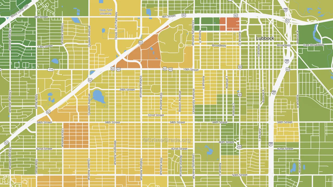 Tech Terrace-U.N.I.T., Lubbock, TX Map of Vehicle Theft Rates