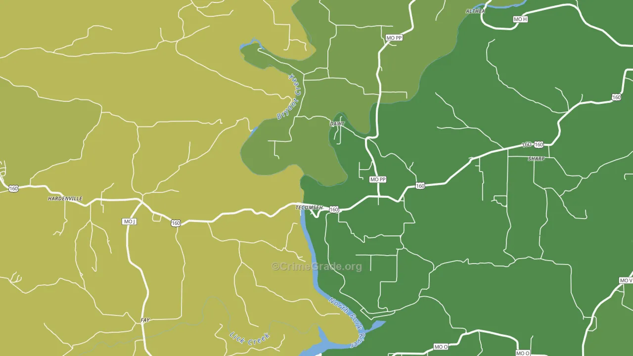 Tecumseh, MO Map of Vehicle Theft Rates
