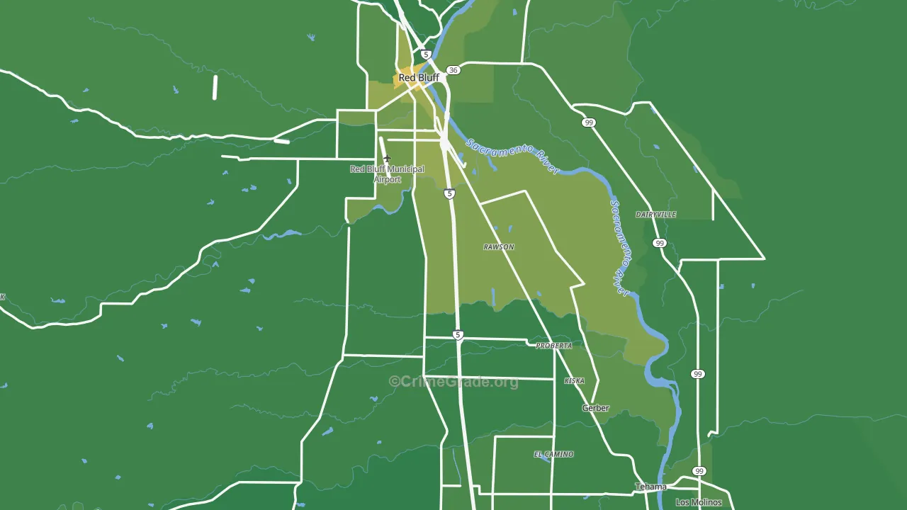Tehama County, CA Map of Vehicle Theft Rates