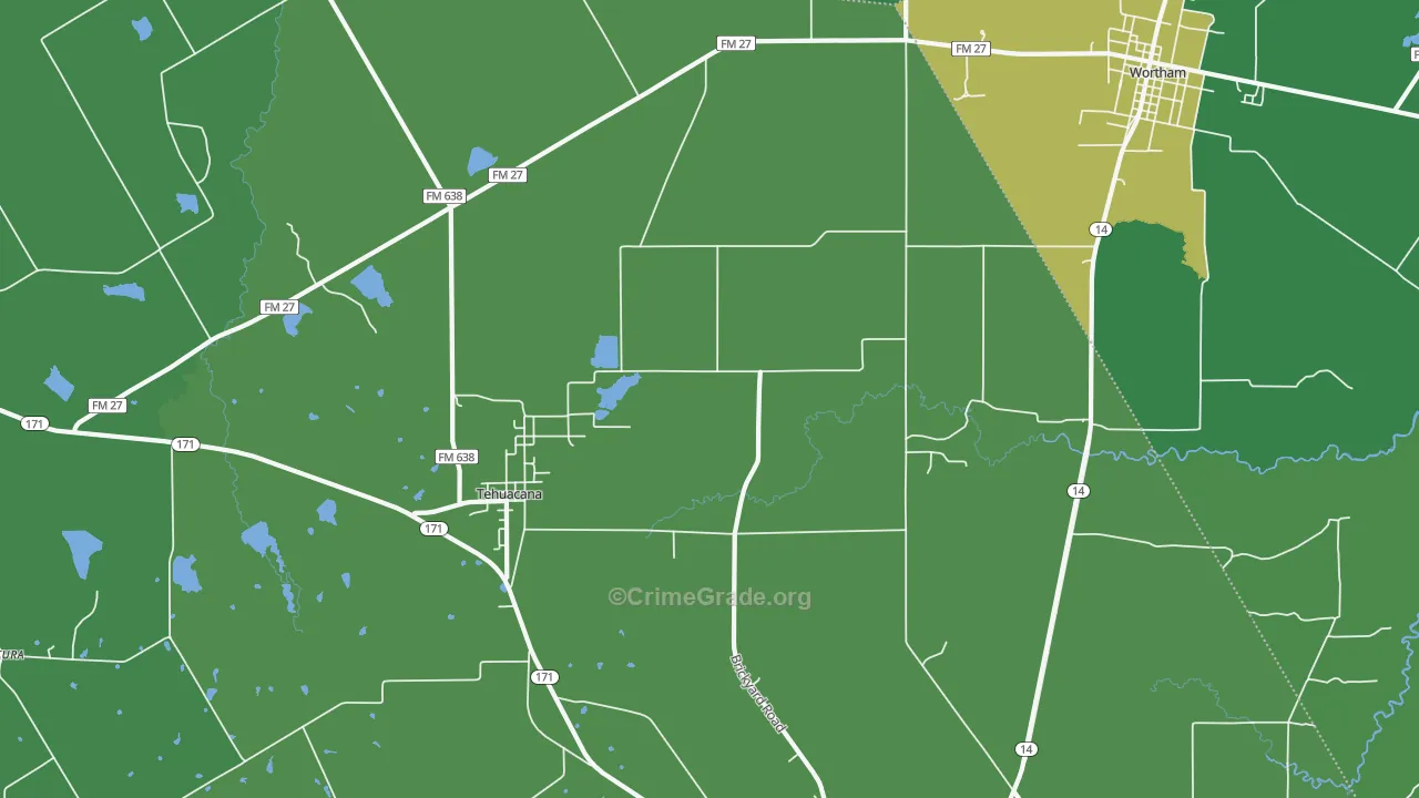 Tehuacana, TX Map of Vehicle Theft Rates
