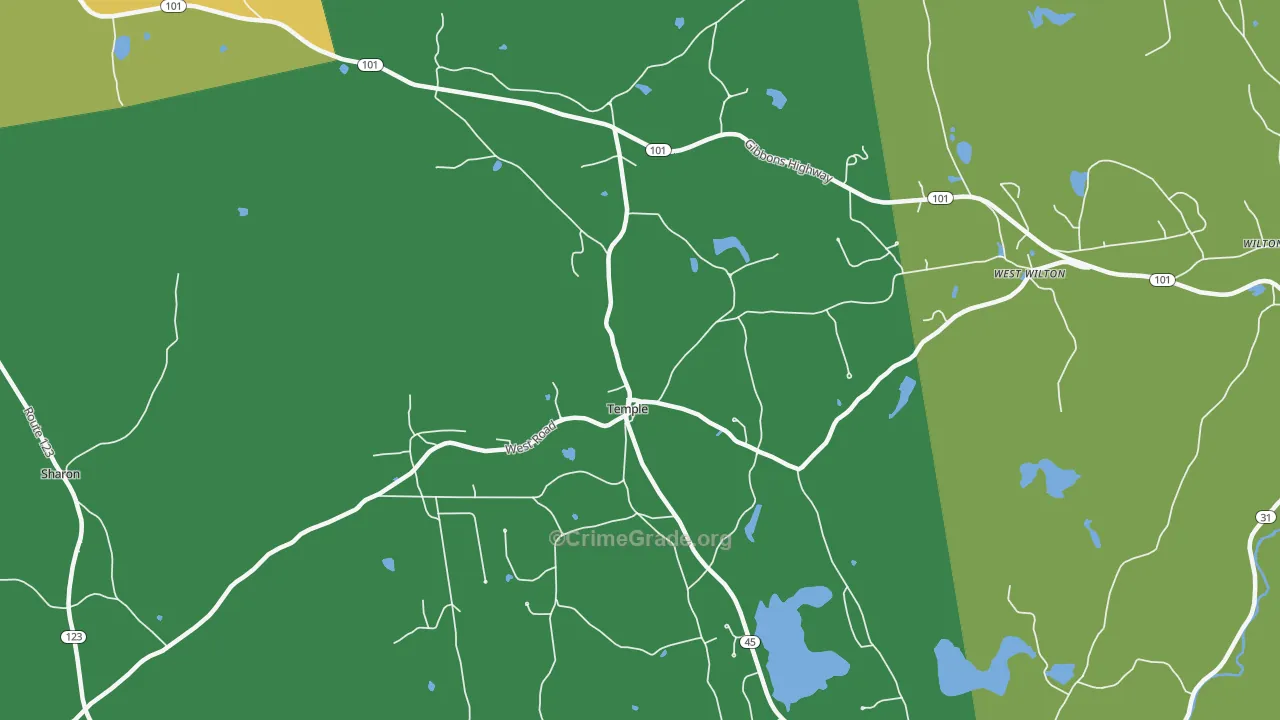 Temple, NH Map of Vehicle Theft Rates