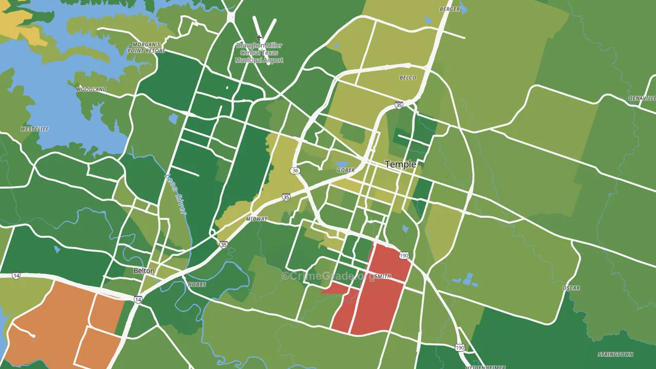 Temple, TX Map of Vehicle Theft Rates