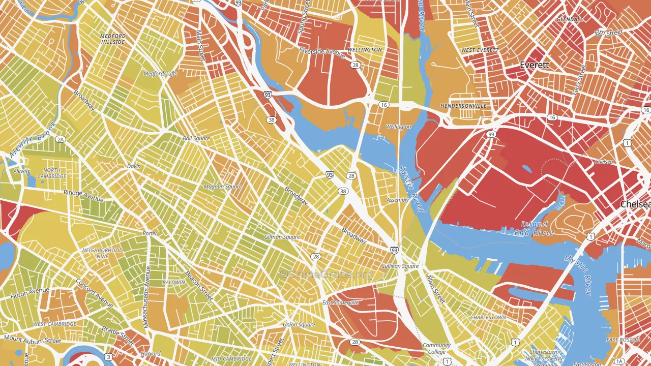 Ten Hills, Somerville, MA Map of Vehicle Theft Rates