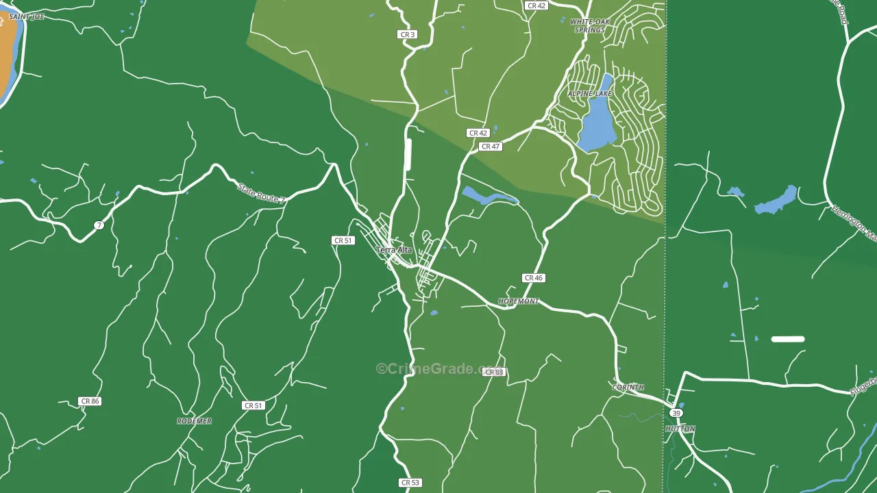 Terra Alta, WV Map of Vehicle Theft Rates