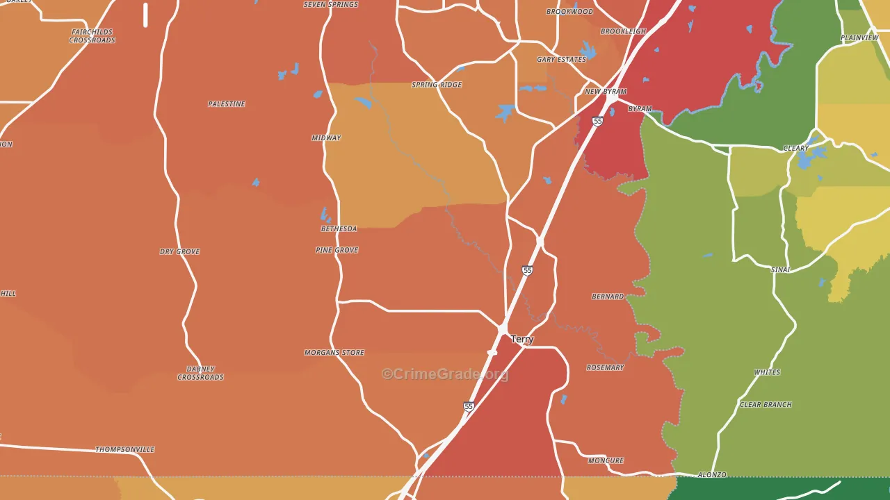 Terry, MS Map of Vehicle Theft Rates