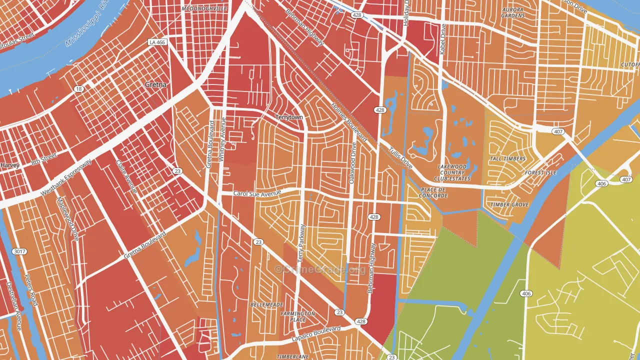 Terrytown, LA Map of Vehicle Theft Rates