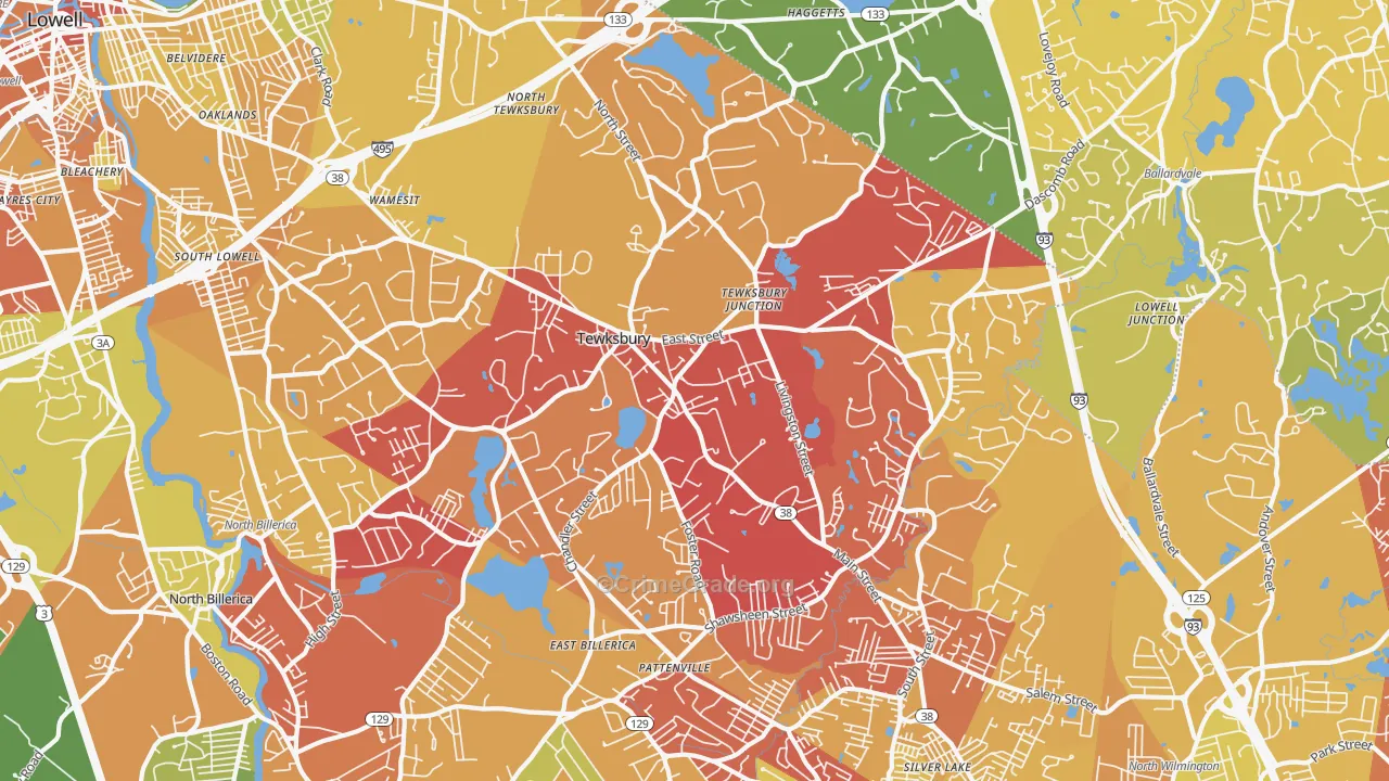 Tewksbury, MA Map of Vehicle Theft Rates