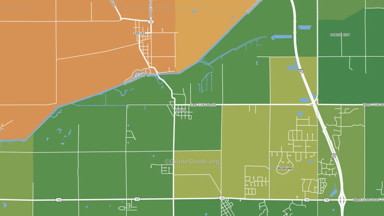 Thayer, IN Map of Vehicle Theft Rates
