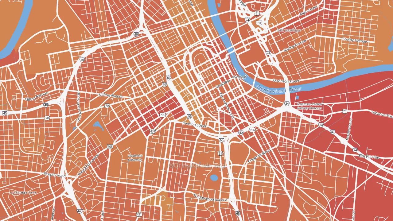 The Gulch, Nashville, TN Map of Vehicle Theft Rates