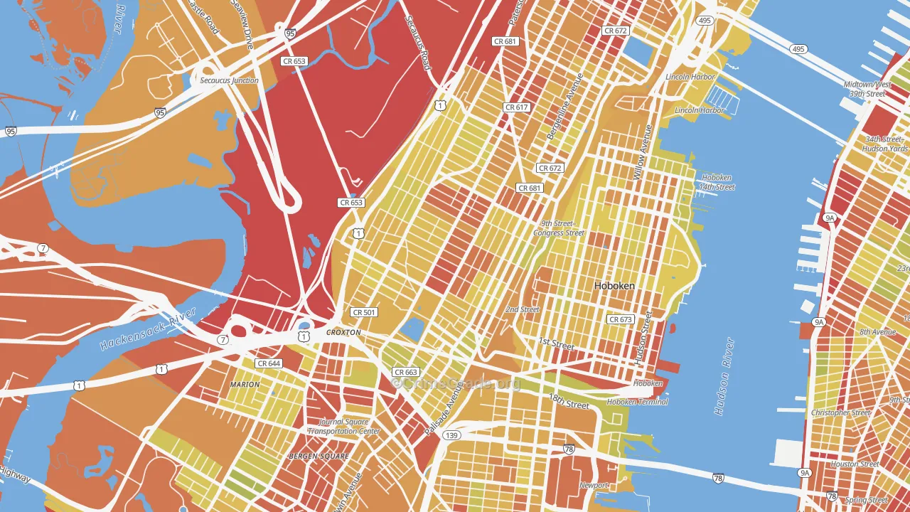 The Heights, Jersey City, NJ Map of Vehicle Theft Rates