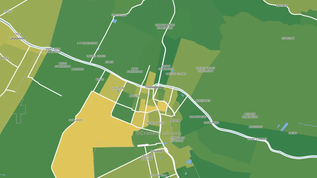 Thibodaux, LA Map of Vehicle Theft Rates