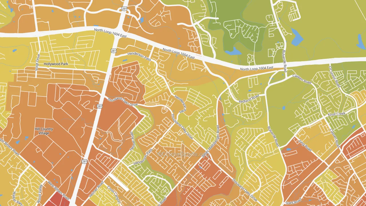 Thousand Oaks, San Antonio, TX Map of Vehicle Theft Rates