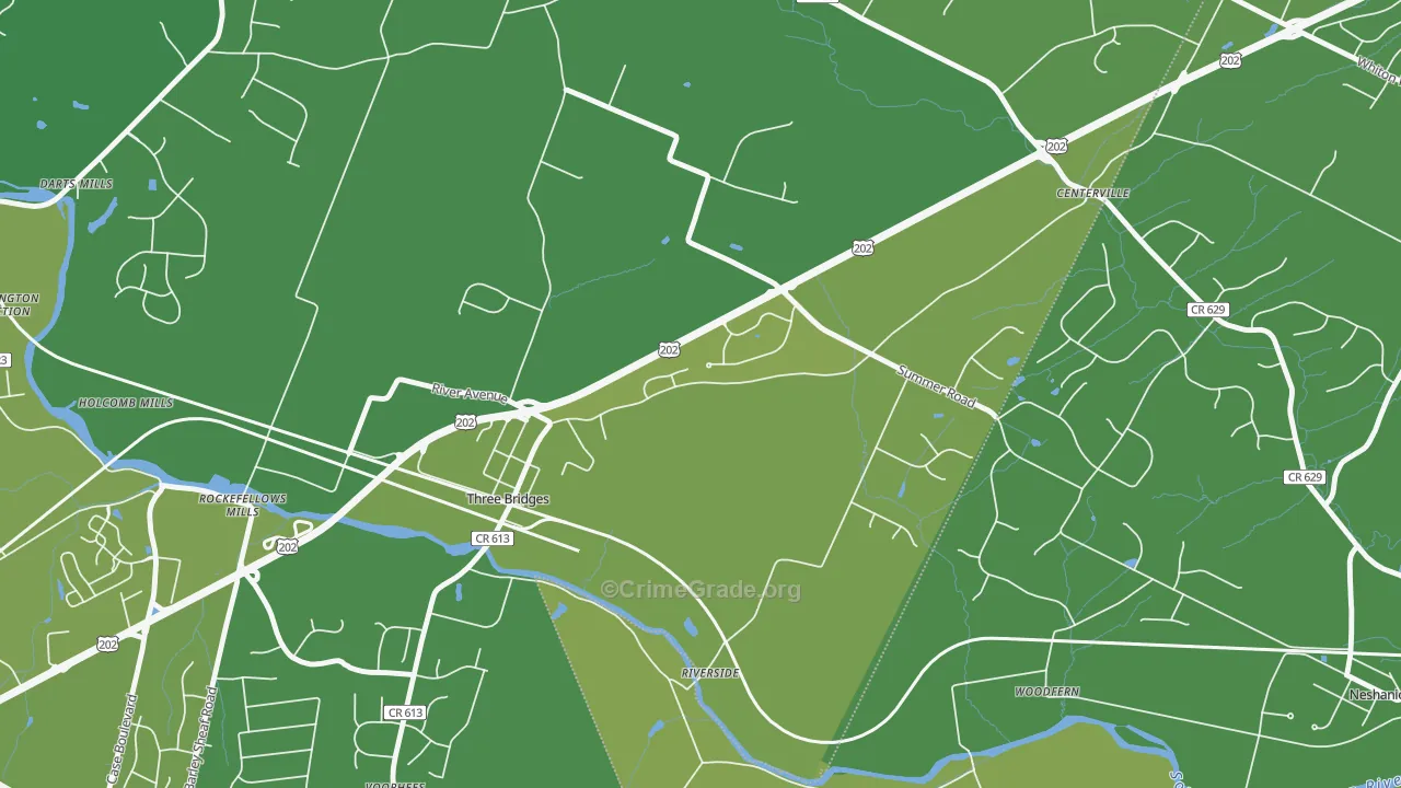 Three Bridges, NJ Map of Vehicle Theft Rates