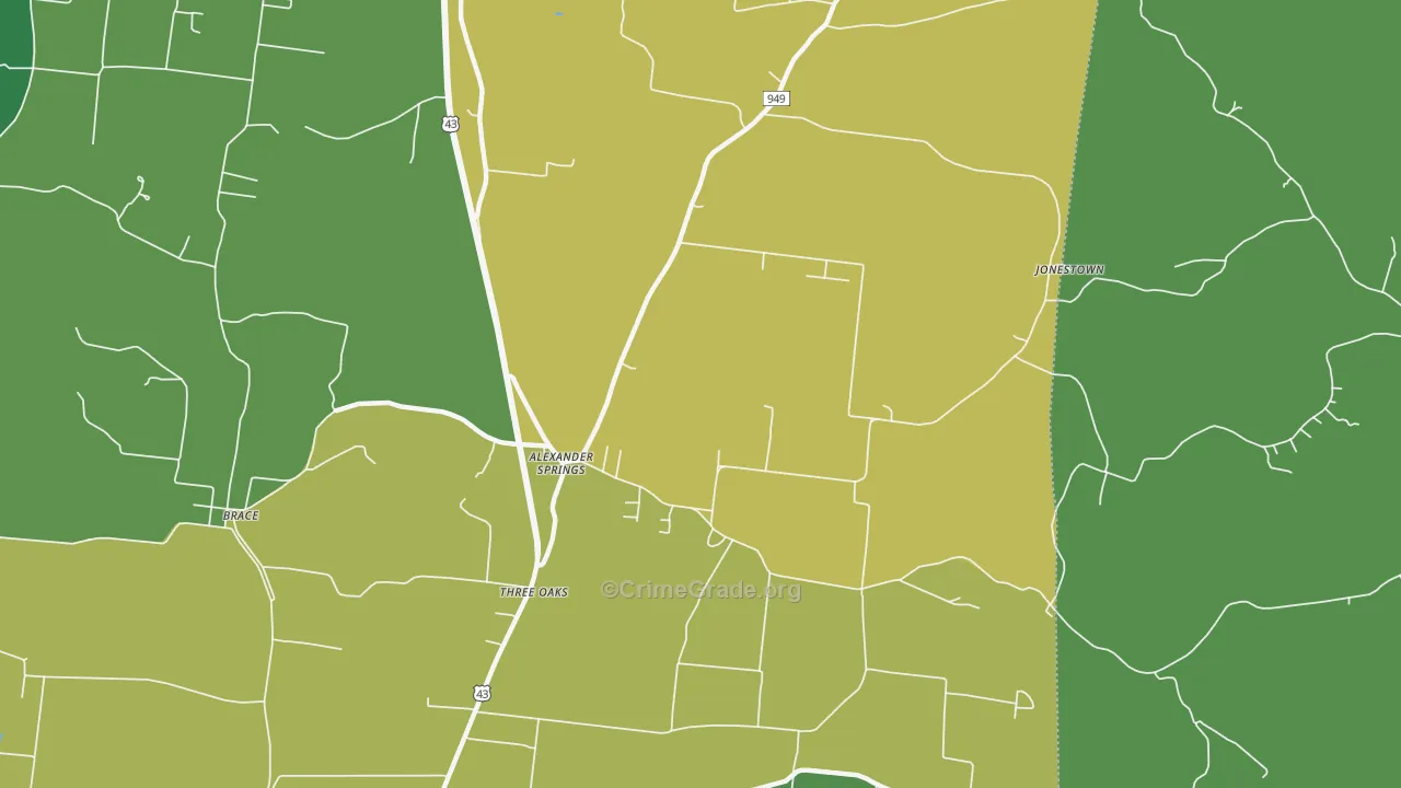 Three Oaks, TN Map of Vehicle Theft Rates