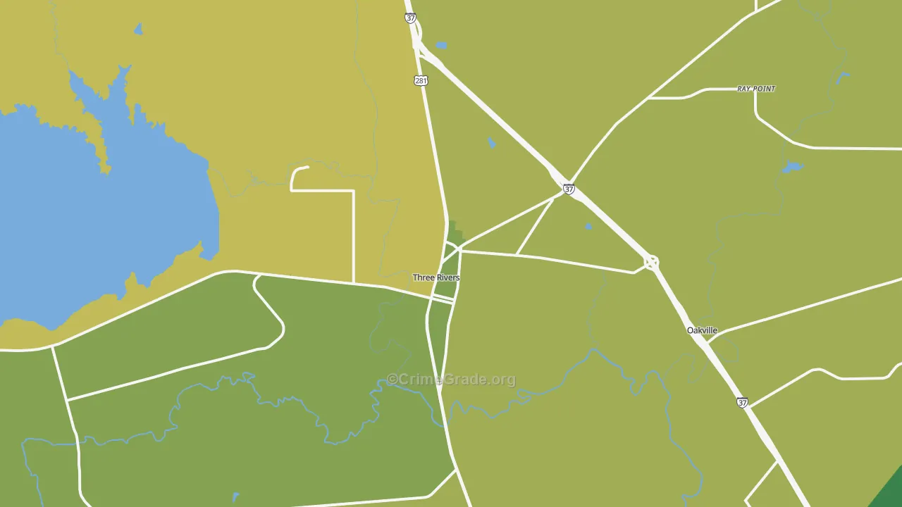 Three Rivers, TX Map of Vehicle Theft Rates