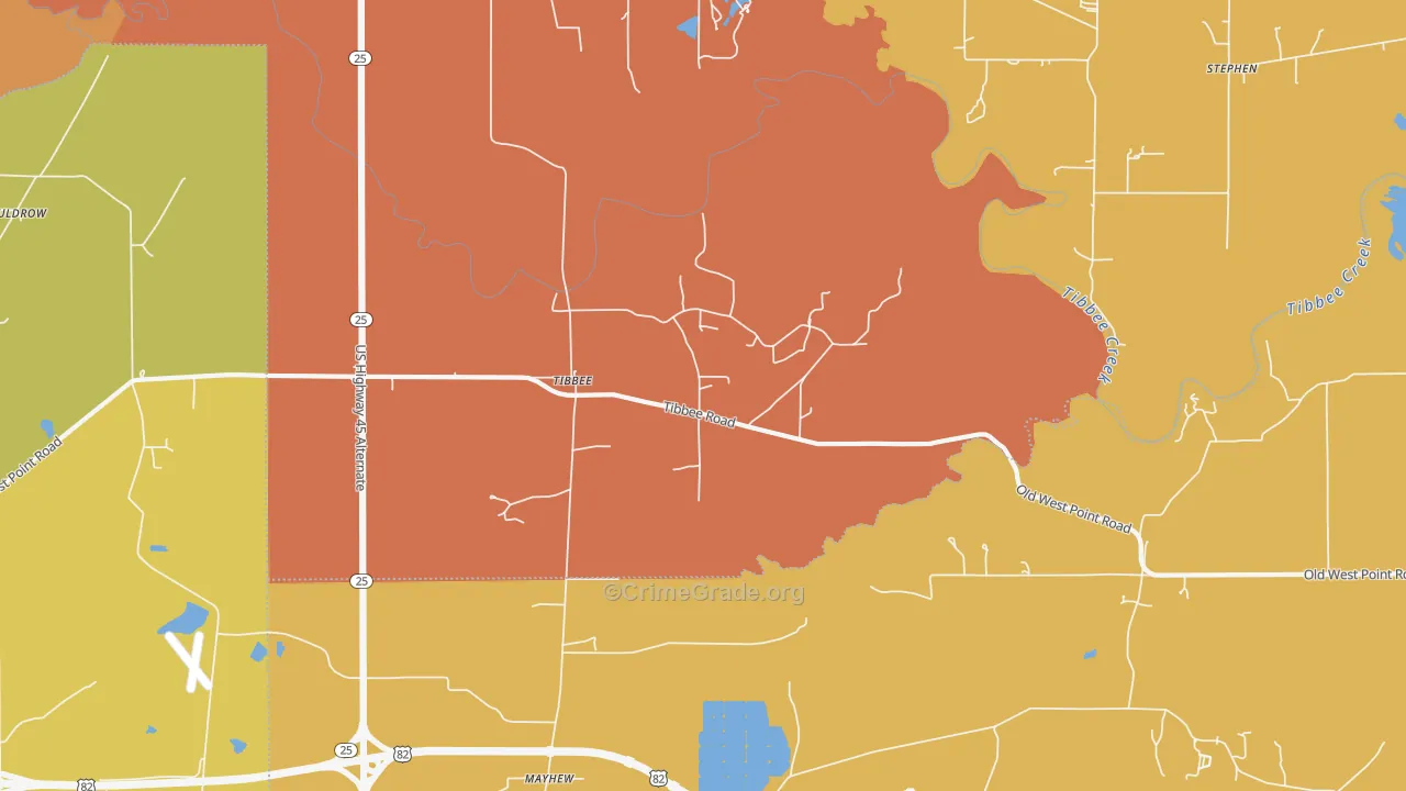 Tibbee, MS Map of Vehicle Theft Rates